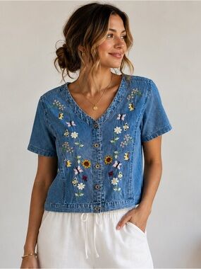 Vintage Agapo Collection Embroidered Chambray Button Front Top Cottagecore